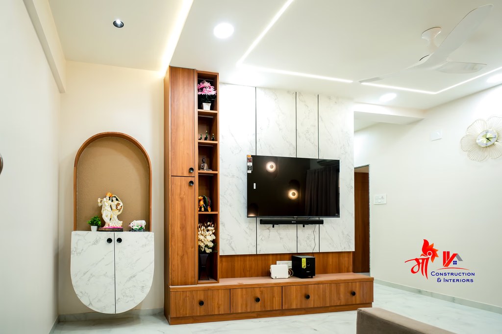 Minimal living nook with curved media wall — 4