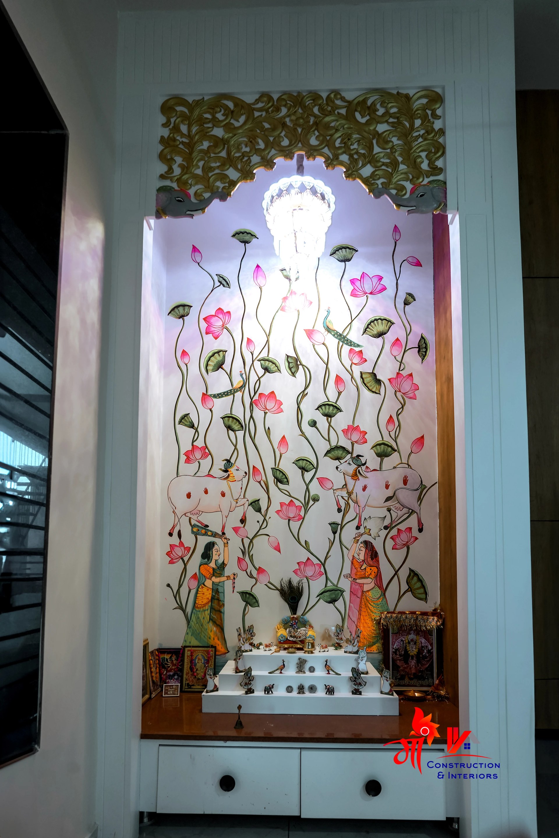 Brass-detailed pooja niche with floral panel — 4