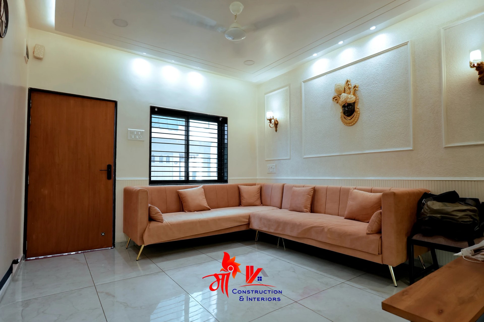 Calm bedroom with arc joinery and mural wall — 5