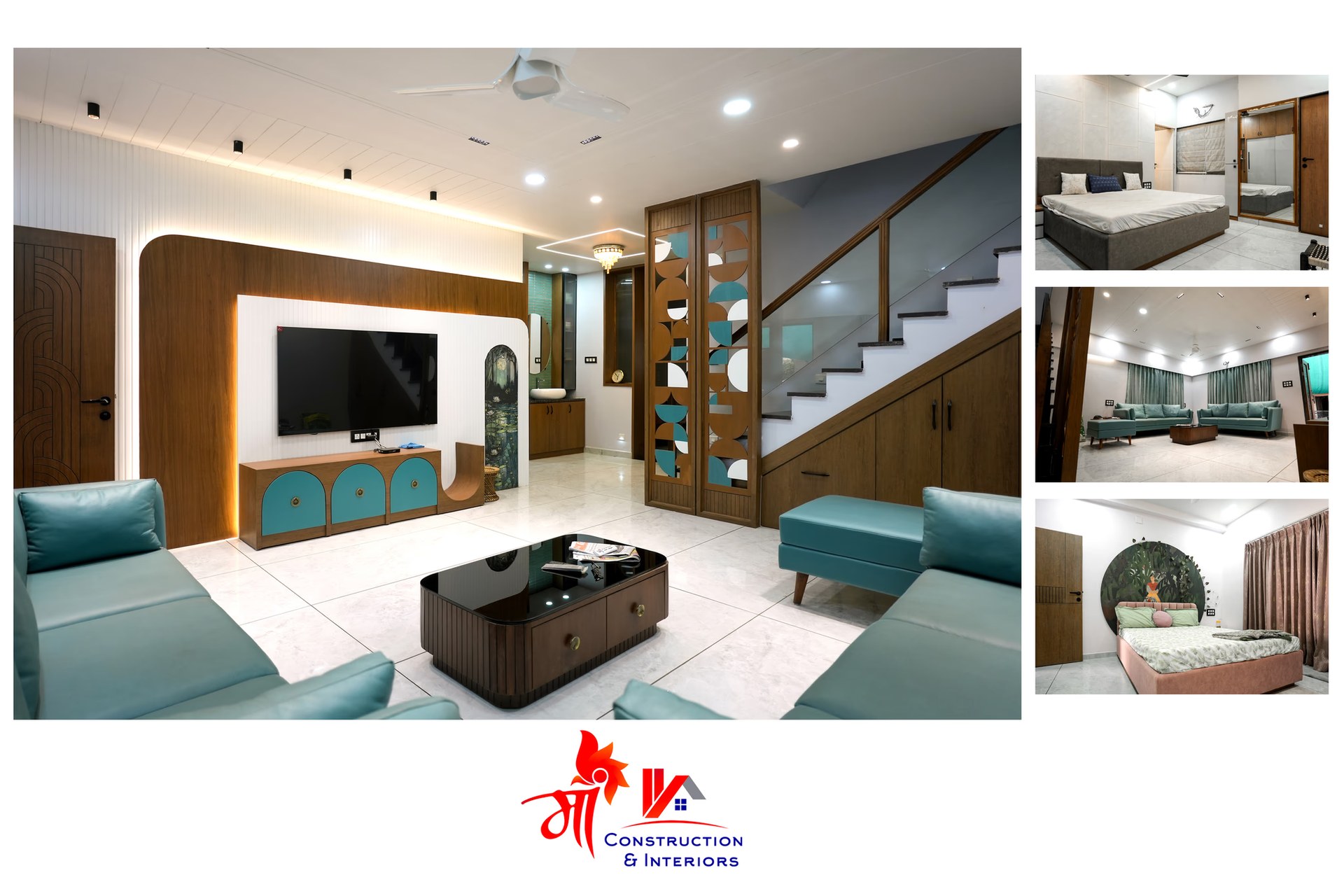 Walnut-clad living room with sculpted stair — 1